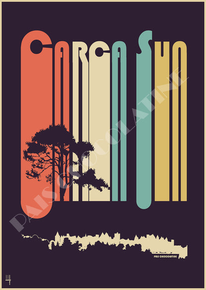 Affiche CarcaSun vintage Carcassonne, design graphique rétro aux couleurs californiennes avec silhouette de la Cité, création Pais Chocolatine.