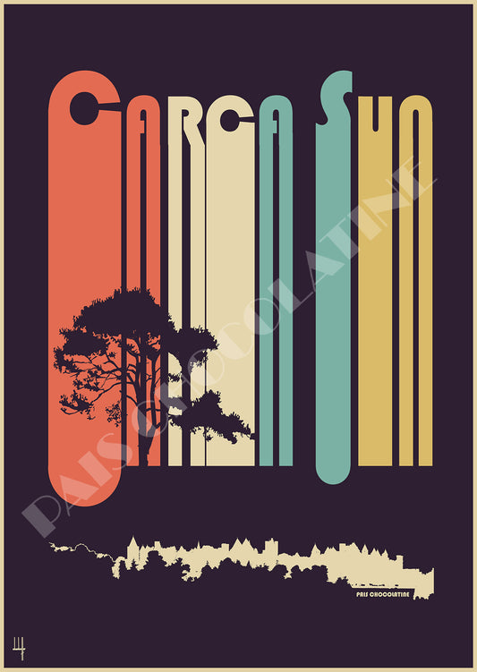 Affiche CarcaSun vintage Carcassonne, design graphique rétro aux couleurs californiennes avec silhouette de la Cité, création Pais Chocolatine.