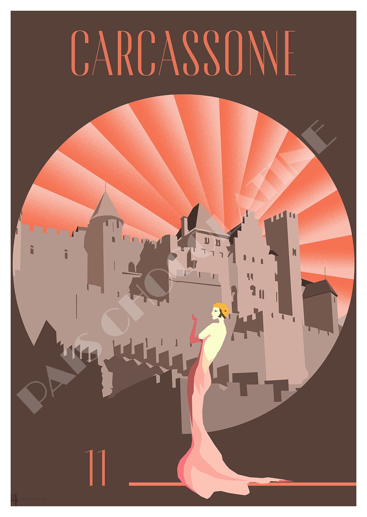 Affiche Carcassonne vintage Art déco – Dame Carcas face à la Cité médiévale, illustration rétro Pais Chocolatine