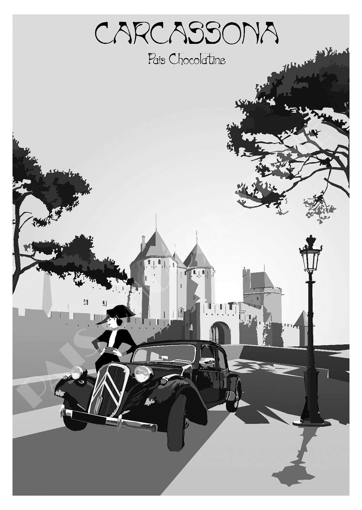 Affiche Carcassona Vintage – Cité médiévale de Carcassonne, illustration rétro PAIS CHOCOLATINE