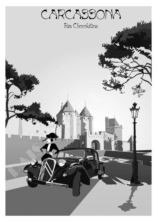 Affiche Carcassona Vintage – Cité médiévale de Carcassonne, illustration rétro PAIS CHOCOLATINE