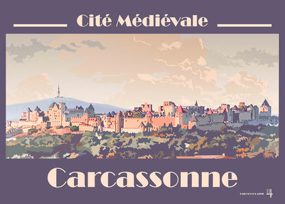 Affiche Carcassonne vintage panorama – Cité médiévale, Montagne Noire et Pic de Nore – illustration Pais Chocolatine