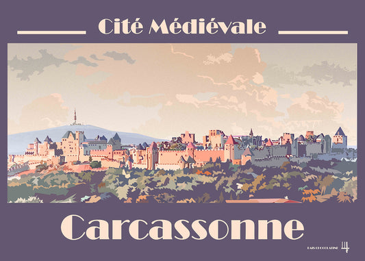 Affiche Carcassonne vintage panorama – Cité médiévale, Montagne Noire et Pic de Nore – illustration Pais Chocolatine