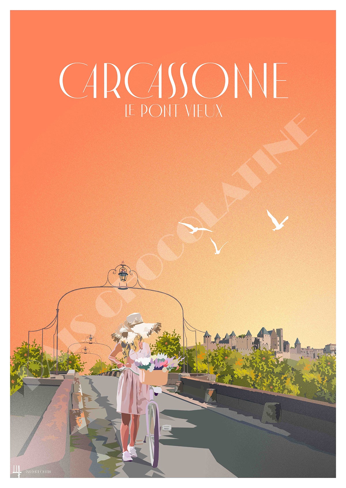 Affiche vintage Carcassonne Pont Vieux avec la Cité médiévale, illustration rétro d’Occitanie – Pais Chocolatine