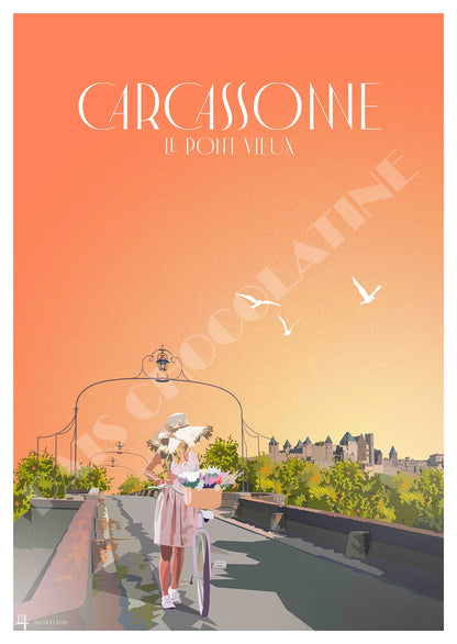 Affiche vintage Carcassonne Pont Vieux avec la Cité médiévale, illustration rétro d’Occitanie – Pais Chocolatine