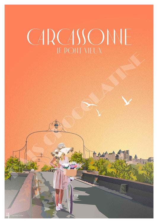 Affiche vintage Carcassonne Pont Vieux avec la Cité médiévale, illustration rétro d’Occitanie – Pais Chocolatine
