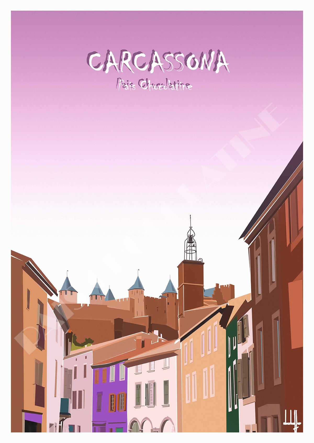 Affiche vintage Carcassonne Trivalle et Cité médiévale – illustration rétro du quartier au pied des remparts, Pais Chocolatine
