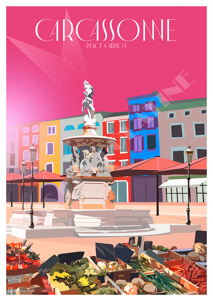 Affiche Carcassonne Place Carnot vintage – marché et fontaine au cœur de la ville – illustration Pais Chocolatine