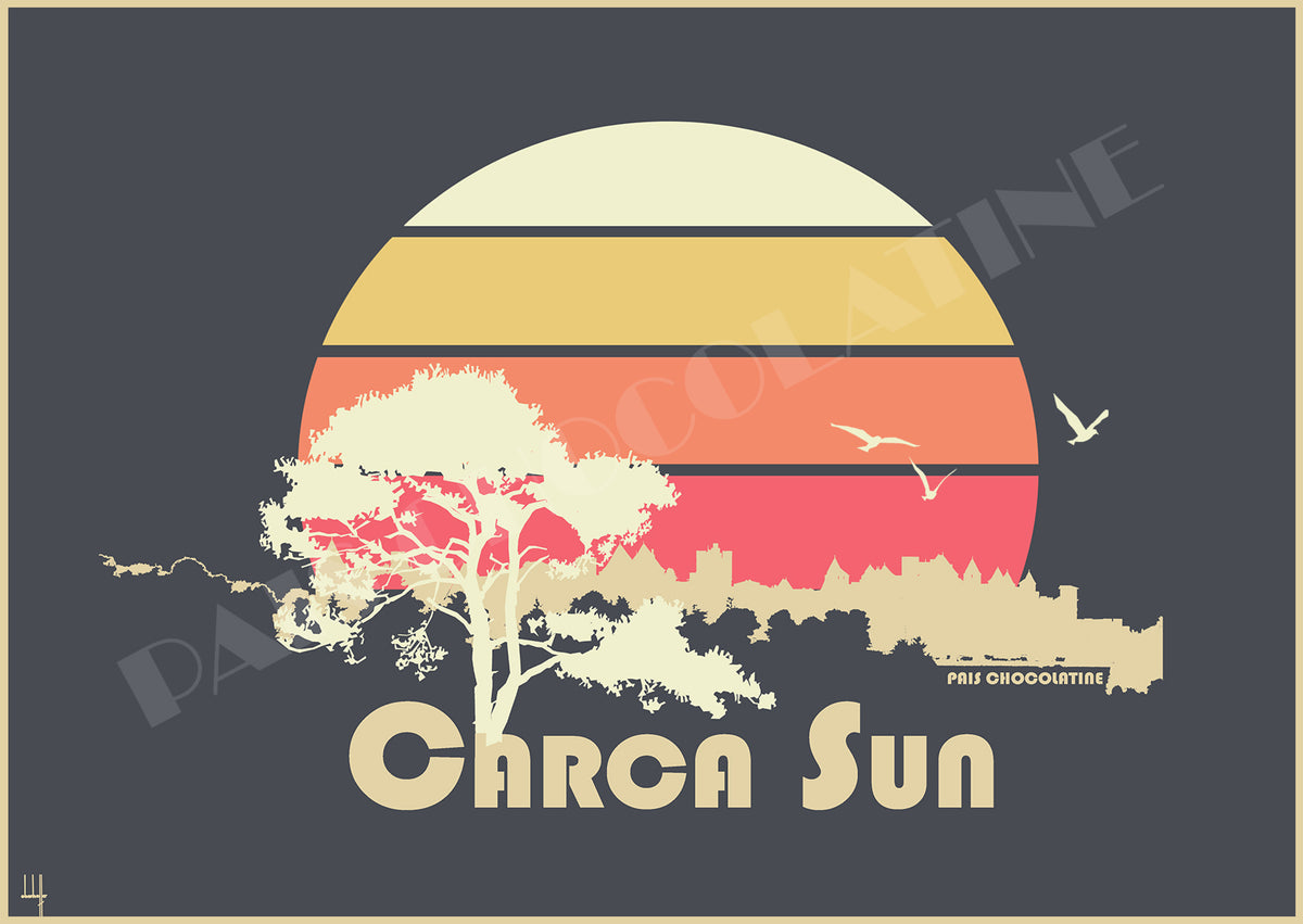 Affiche CarcaSun vintage de Carcassonne, soleil rétro, pin parasol et silhouette de la Cité médiévale, création graphique Pais Chocolatine.