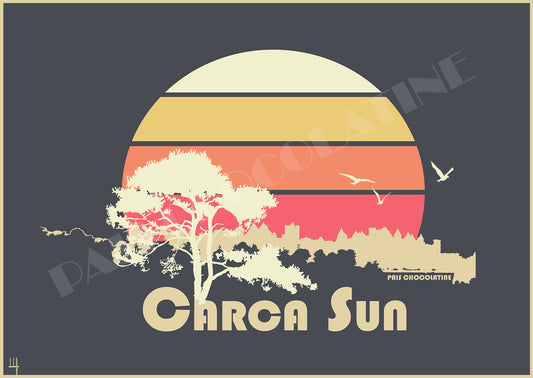Affiche CarcaSun vintage de Carcassonne, soleil rétro, pin parasol et silhouette de la Cité médiévale, création graphique Pais Chocolatine.