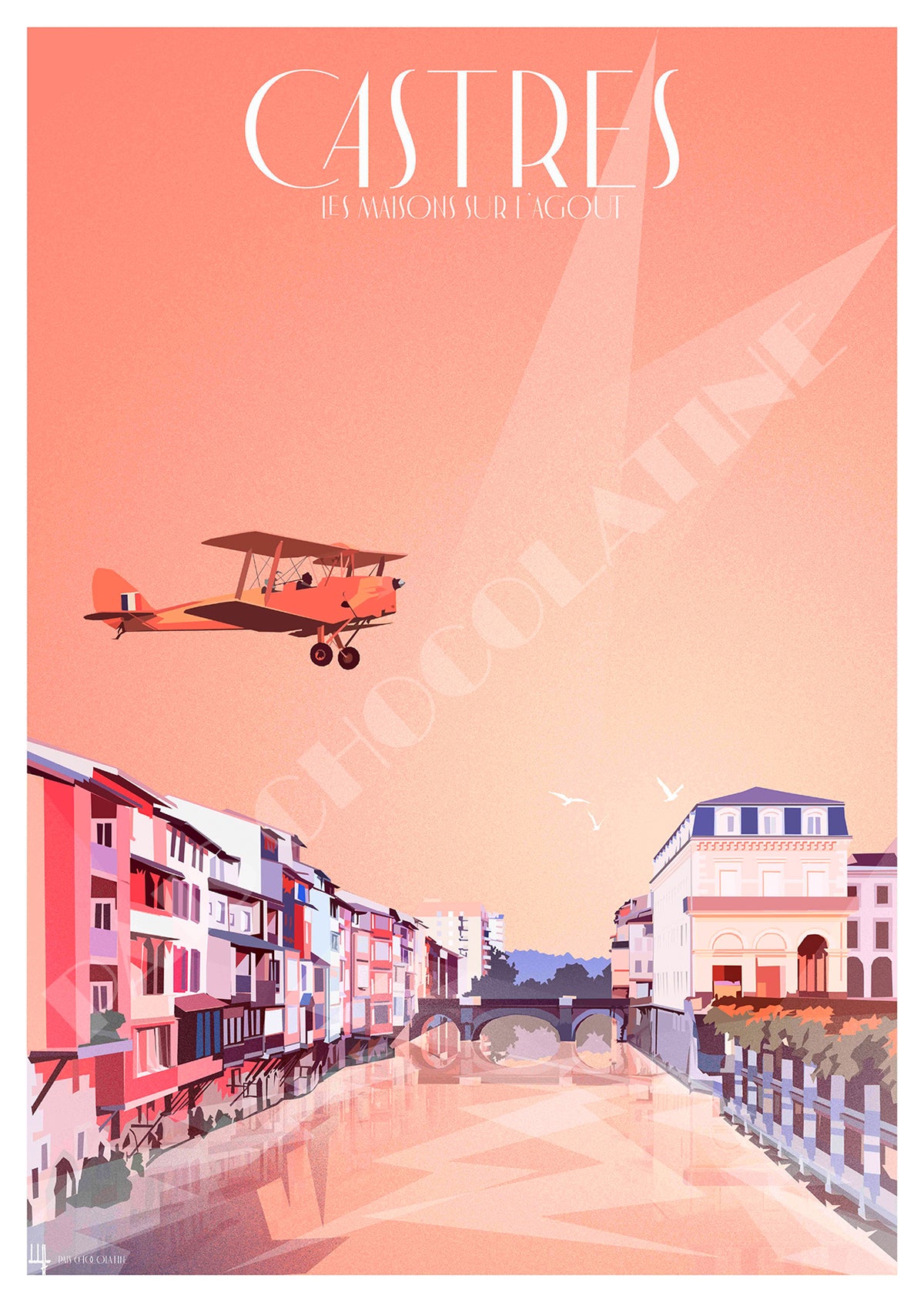 Affiche Castres vintage – Les Maisons sur l’Agout et avion rétro – Pais Chocolatine