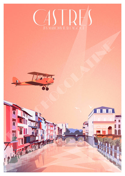 Affiche Castres vintage – Les Maisons sur l’Agout et avion rétro – Pais Chocolatine