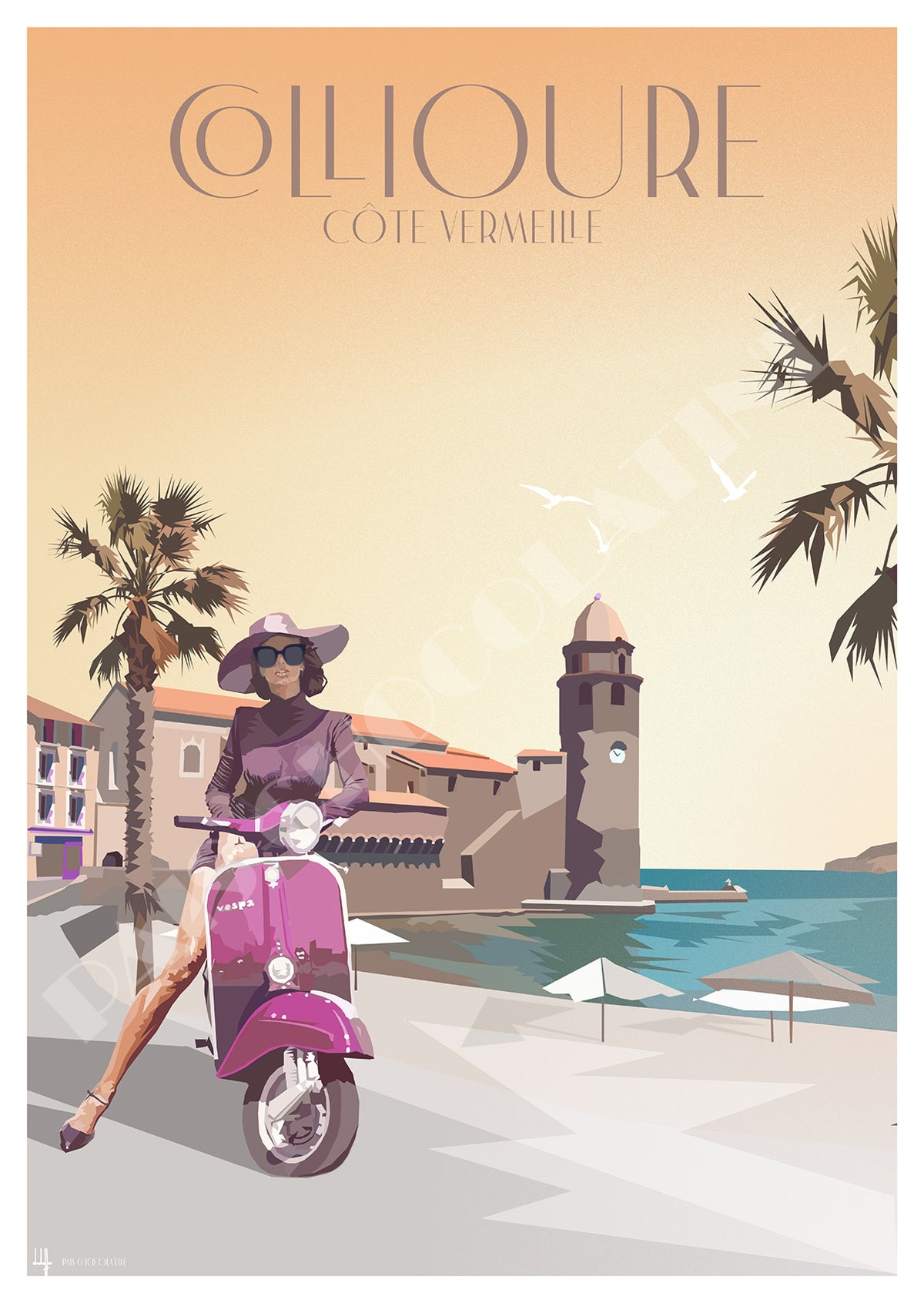 Affiche vintage Collioure Côte Vermeille – Vespa, clocher, plage et Méditerranée dans les Pyrénées-Orientales – Pais Chocolatine
