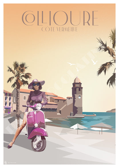 Affiche vintage Collioure Côte Vermeille – Vespa, clocher, plage et Méditerranée dans les Pyrénées-Orientales – Pais Chocolatine