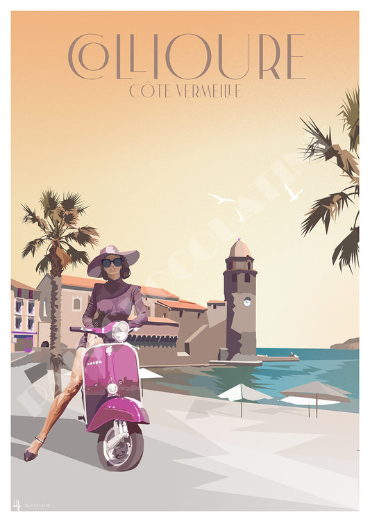 Affiche vintage Collioure Côte Vermeille – Vespa, clocher, plage et Méditerranée dans les Pyrénées-Orientales – Pais Chocolatine
