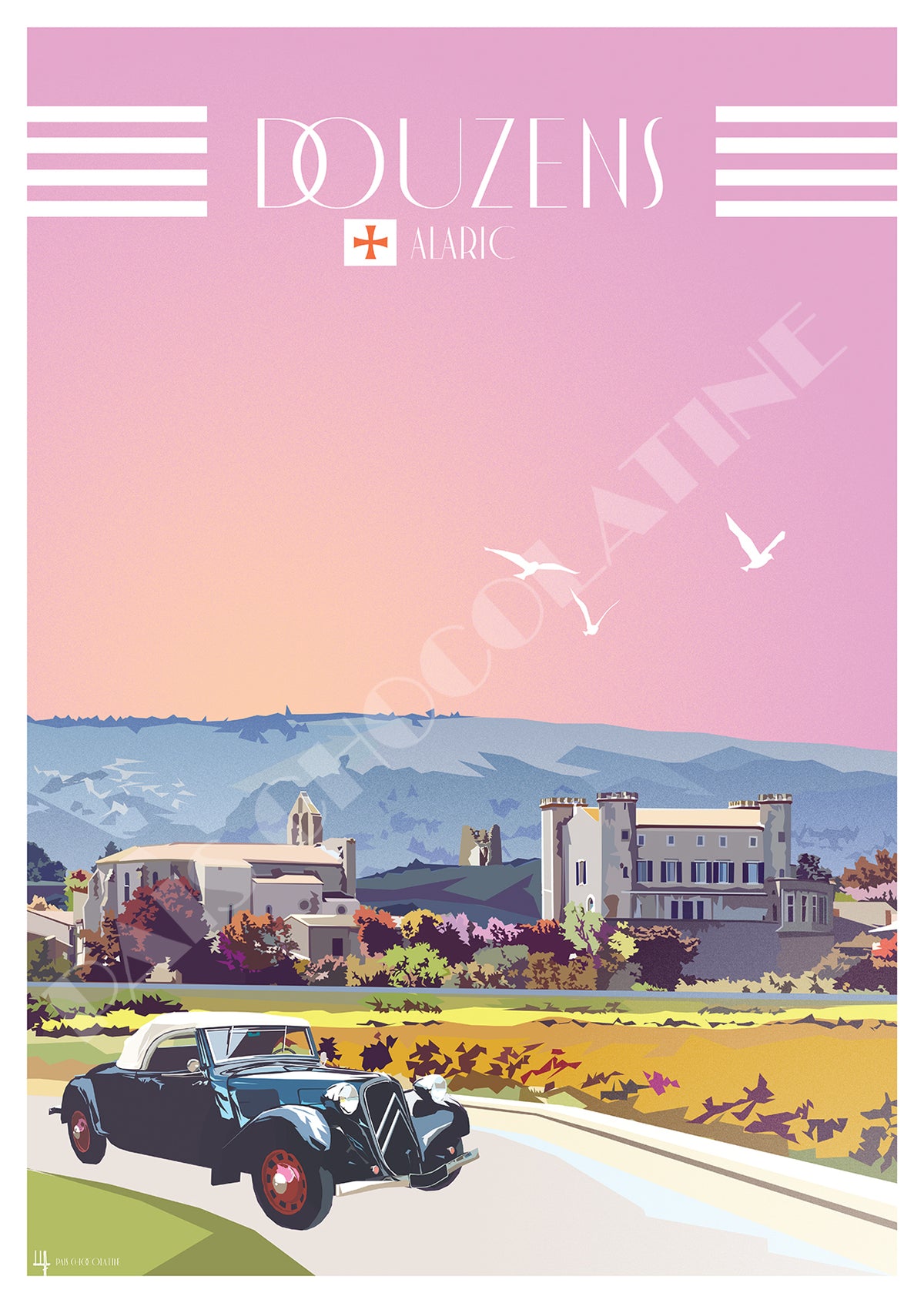 Affiche vintage Douzens dans l’Aude, village du Pays Cathare au pied de l’Alaric avec vignes et voiture ancienne – Pais Chocolatine