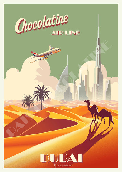 Affiche vintage Dubaï – Burj Khalifa, gratte-ciel, désert et chameaux – poster voyage Pais Chocolatine
