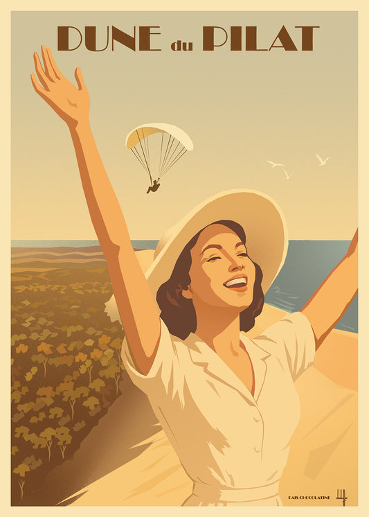 Affiche Dune du Pilat vintage – poster rétro Bassin d’Arcachon et océan Atlantique – Pais Chocolatine