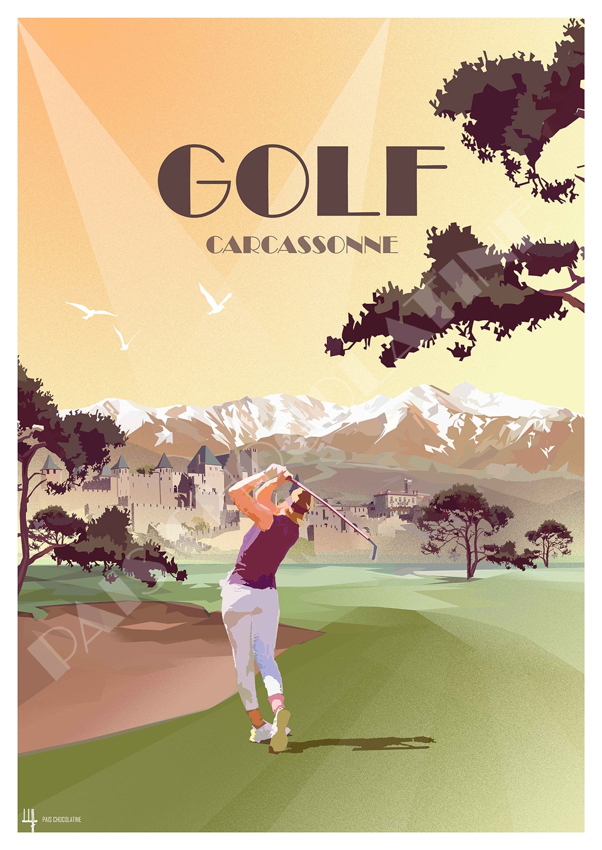 Affiche Golf Carcassonne vintage – golfeur face à la Cité de Carcassonne et aux Pyrénées – illustration Pais Chocolatine