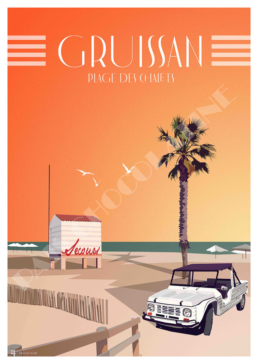 Affiche vintage Gruissan Plage des Chalets – Méhari, poste de secours, plage et Méditerranée dans l’Aude – Pais Chocolatine
