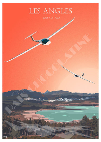 Affiche vintage Les Angles – survol en planeur au-dessus du lac de Matemale – Pyrénées Pais Chocolatine