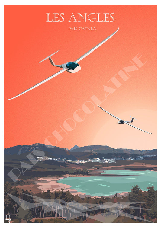 Affiche vintage Les Angles – survol en planeur au-dessus du lac de Matemale – Pyrénées Pais Chocolatine