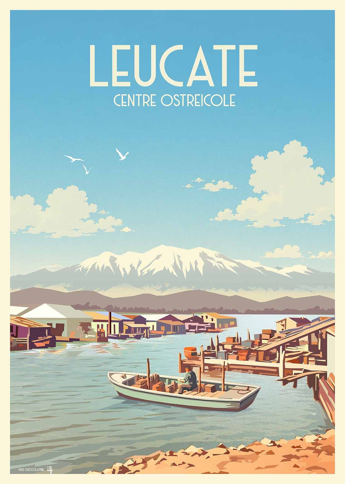 Affiche vintage Leucate Centre Ostréicole avec barque, cabanes ostréicoles et Canigou enneigé en arrière-plan