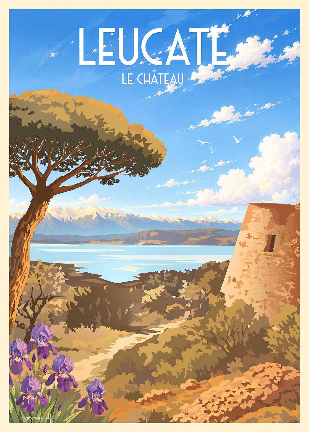 Affiche vintage Leucate Le Château avec pin méditerranéen, iris, vestiges du château et Canigou enneigé