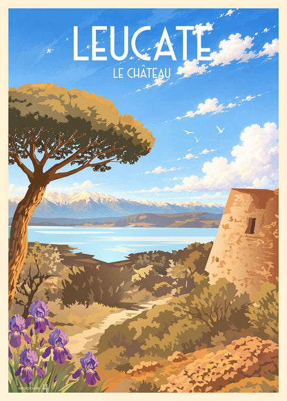 Affiche vintage Leucate Le Château avec pin méditerranéen, iris, vestiges du château et Canigou enneigé