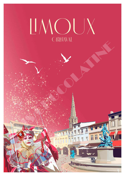 Affiche Limoux vintage – Carnaval de Limoux, masques et confettis en Occitanie – illustration Pais Chocolatine