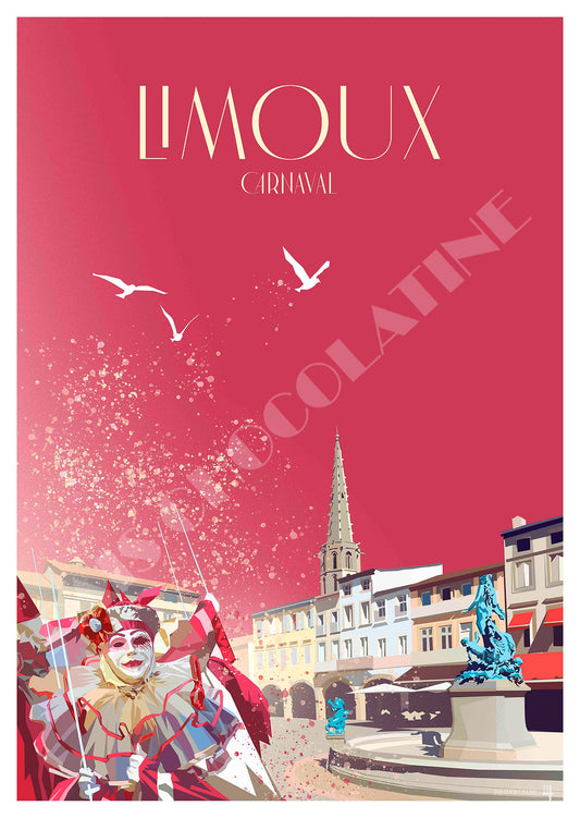 Affiche Limoux vintage – Carnaval de Limoux, masques et confettis en Occitanie – illustration Pais Chocolatine