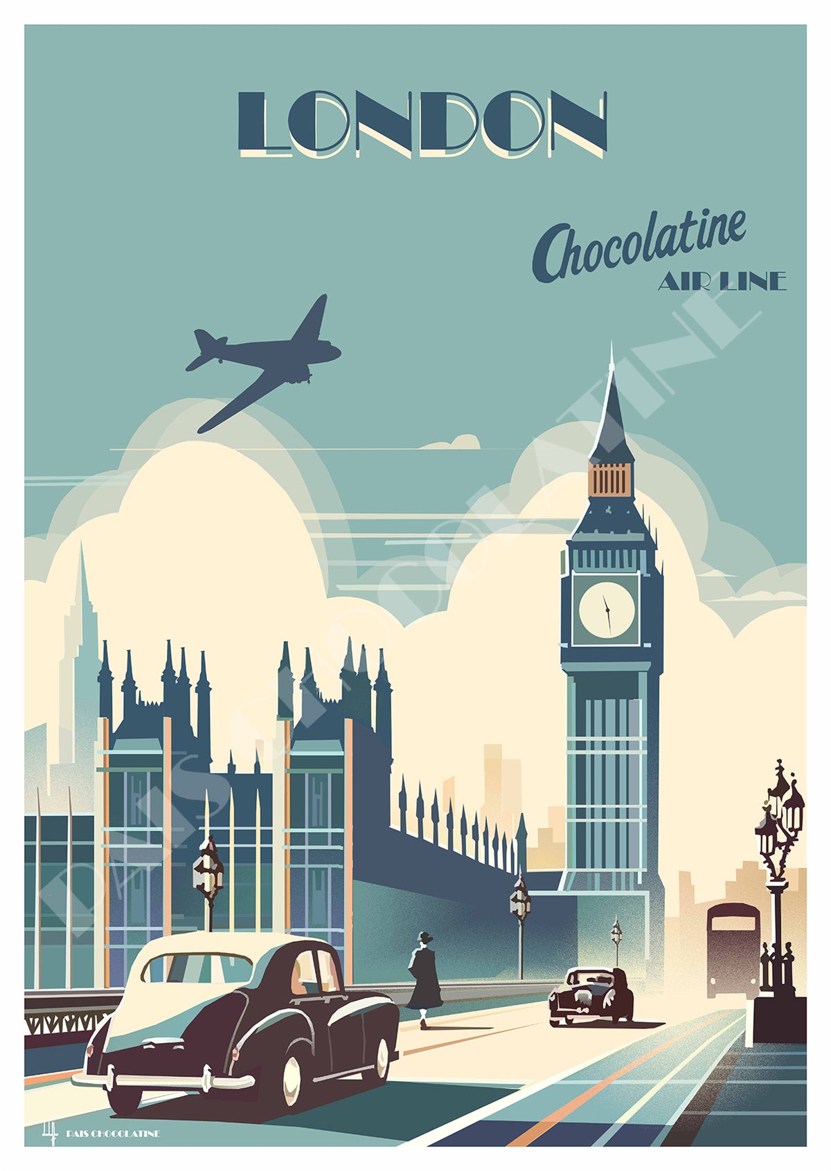 Affiche vintage Londres – Big Ben, Tamise et ambiance rétro anglaise – poster voyage London Pais Chocolatine