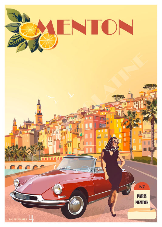 Affiche vintage Menton Côte d’Azur – poster rétro Riviera, citrons de Menton et Dolce Vita, création Pais Chocolatine