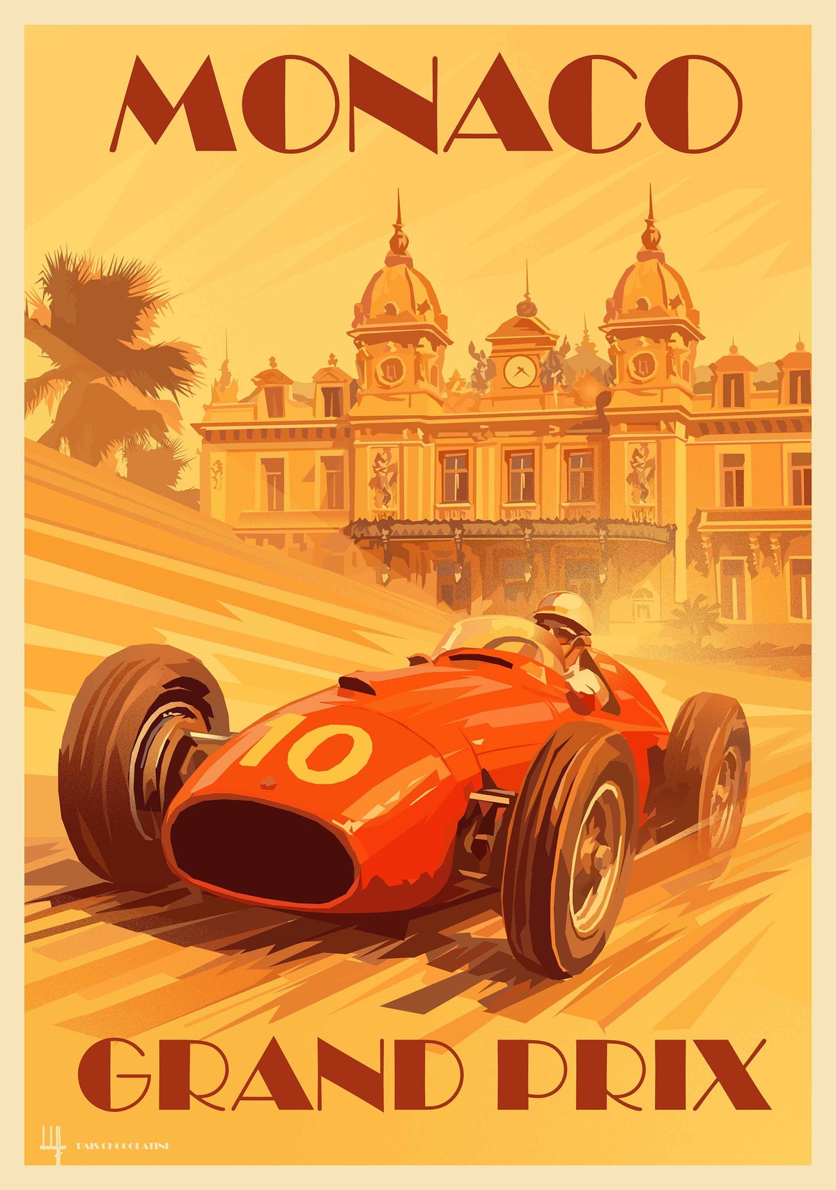 Affiche vintage Monaco Grand Prix à Monte-Carlo, voiture de course devant le Casino, illustration rétro Pais Chocolatine