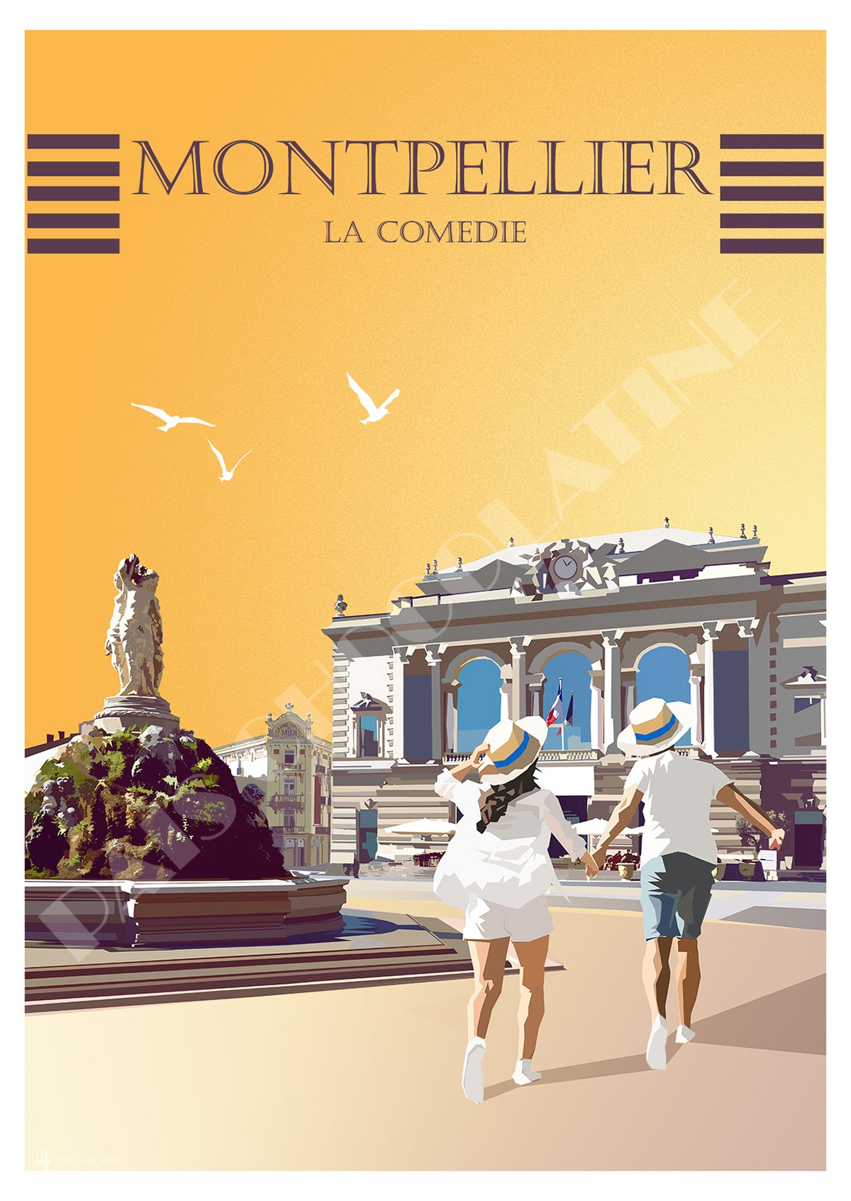 Affiche Montpellier vintage – Place de la Comédie et fontaine des Trois Grâces – Pais Chocolatine