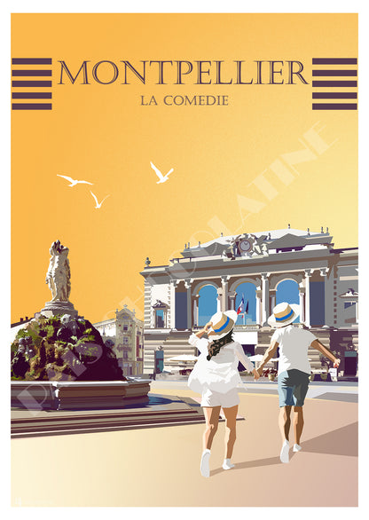 Affiche Montpellier vintage – Place de la Comédie et fontaine des Trois Grâces – Pais Chocolatine