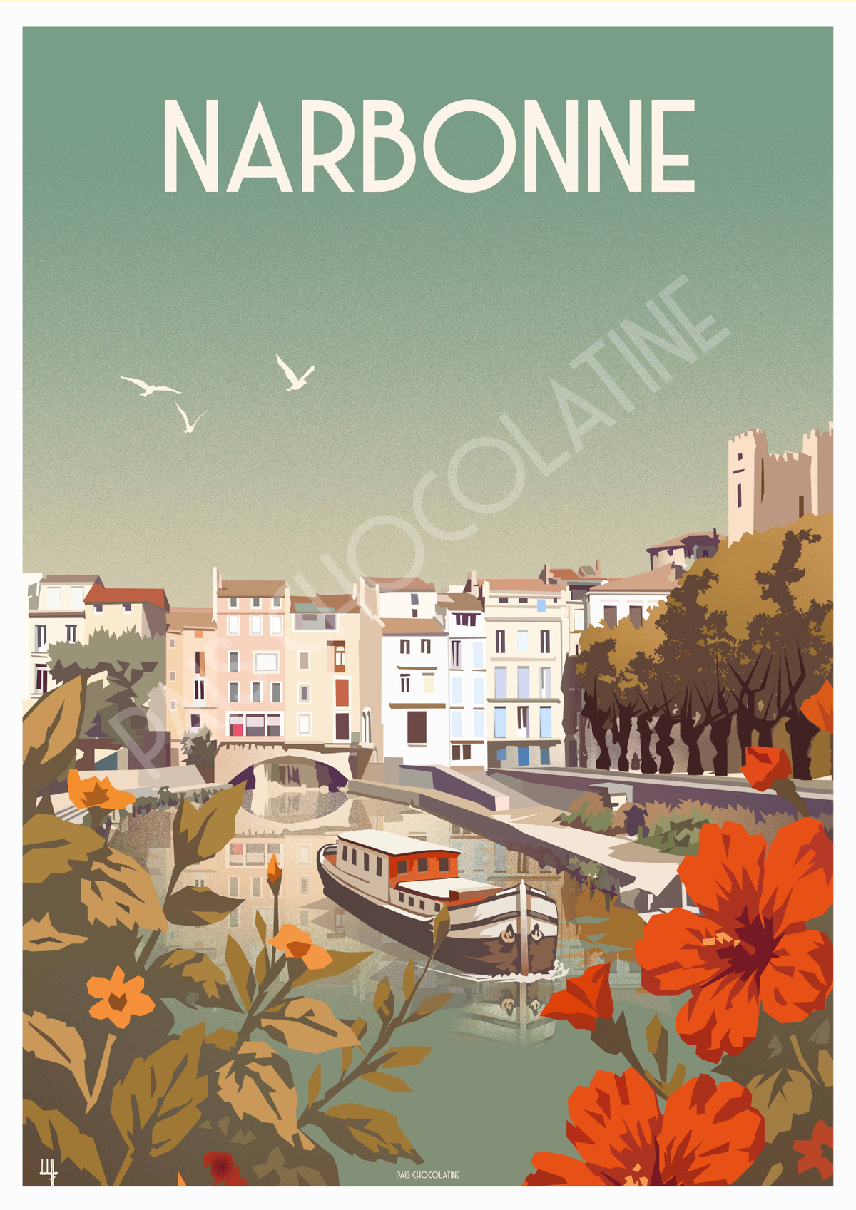 Affiche Narbonne vintage – Canal de la Robine, péniche et patrimoine de l’Aude en Occitanie, création Pais Chocolatine