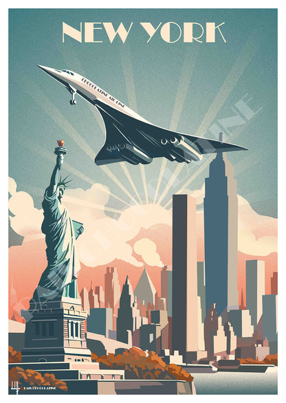 Affiche vintage New York – Statue de la Liberté, skyline de Manhattan et Concorde – poster voyage Pais Chocolatine