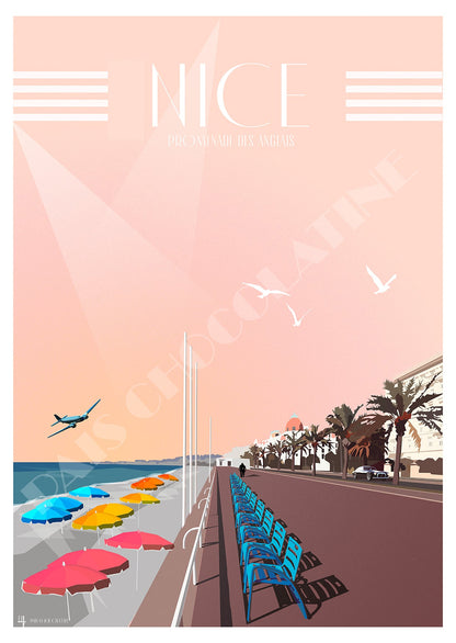 Affiche Nice vintage – Promenade des Anglais, chaises bleues, palmiers et Méditerranée sur la Côte d’Azur, illustration Pais Chocolatine