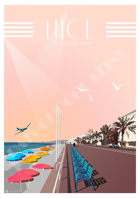 Affiche Nice vintage – Promenade des Anglais, chaises bleues, palmiers et Méditerranée sur la Côte d’Azur, illustration Pais Chocolatine