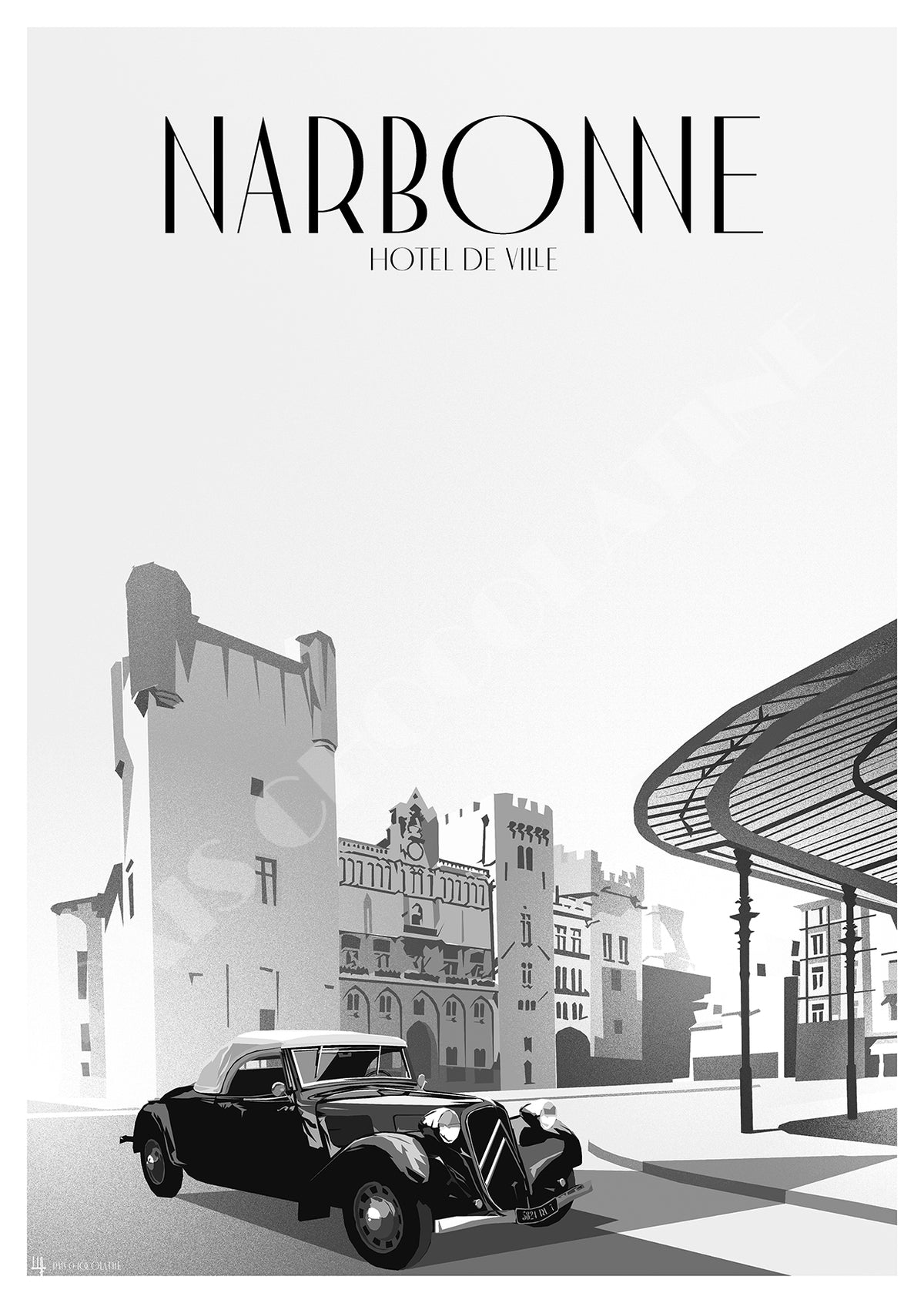 Affiche Narbonne Hôtel de Ville noir et blanc – voiture ancienne et architecture historique – Pais Chocolatine