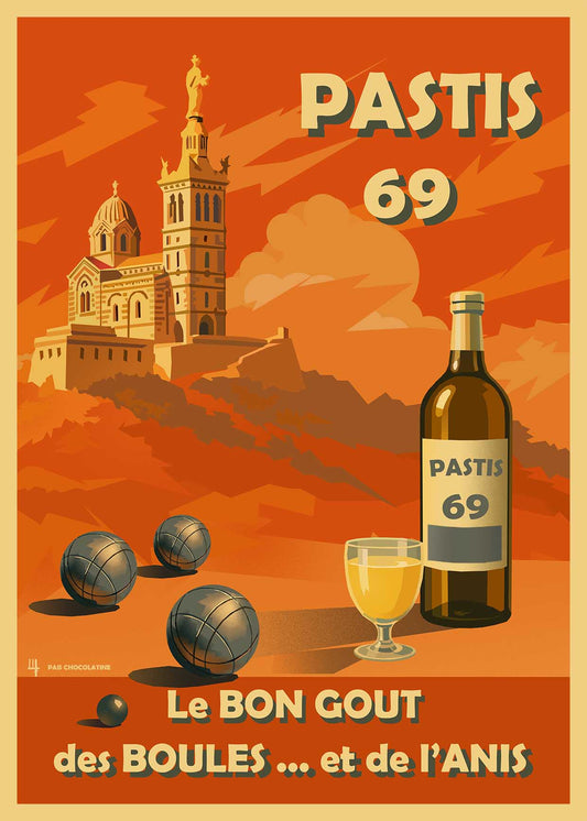 Affiche Pastis 69 vintage – poster rétro apéritif du Sud – Pais Chocolatine