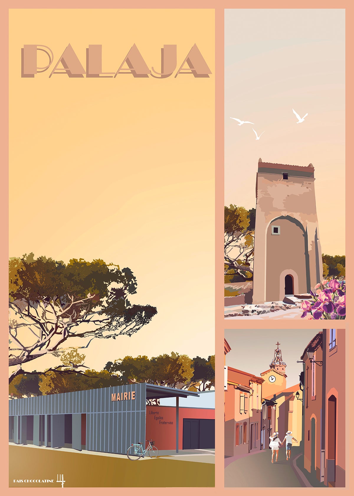 Affiche Palaja vintage – village de l’Aude près de Carcassonne, mairie et patrimoine local – illustration Pais Chocolatine