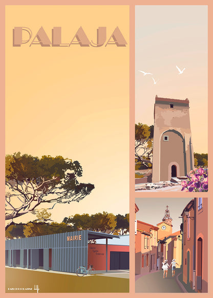 Affiche Palaja vintage – village de l’Aude près de Carcassonne, mairie et patrimoine local – illustration Pais Chocolatine