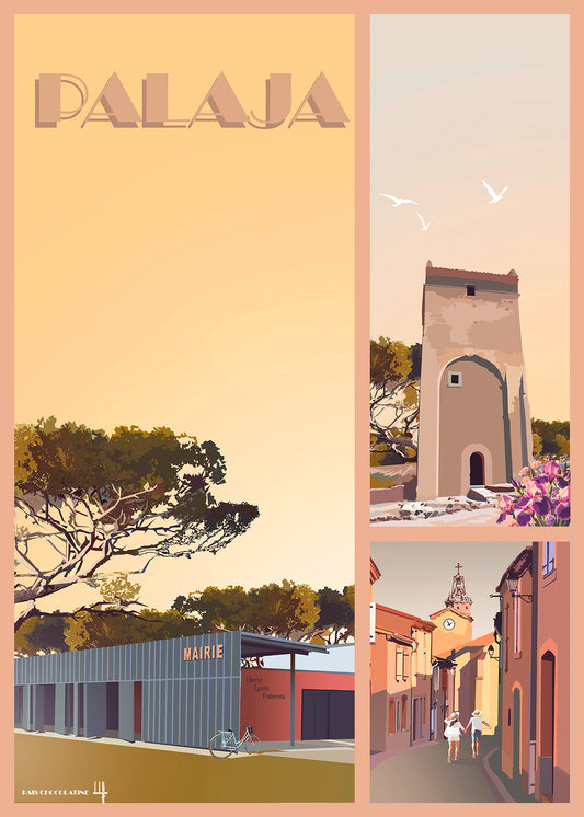 Affiche Palaja vintage – village de l’Aude près de Carcassonne, mairie et patrimoine local – illustration Pais Chocolatine