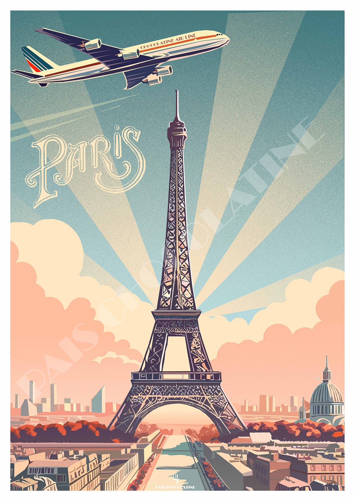 Affiche vintage Paris – Tour Eiffel, avion rétro et panorama de la Ville Lumière – poster voyage Pais Chocolatine