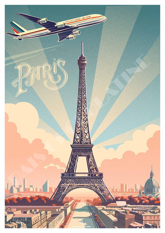 Affiche vintage Paris – Tour Eiffel, avion rétro et panorama de la Ville Lumière – poster voyage Pais Chocolatine