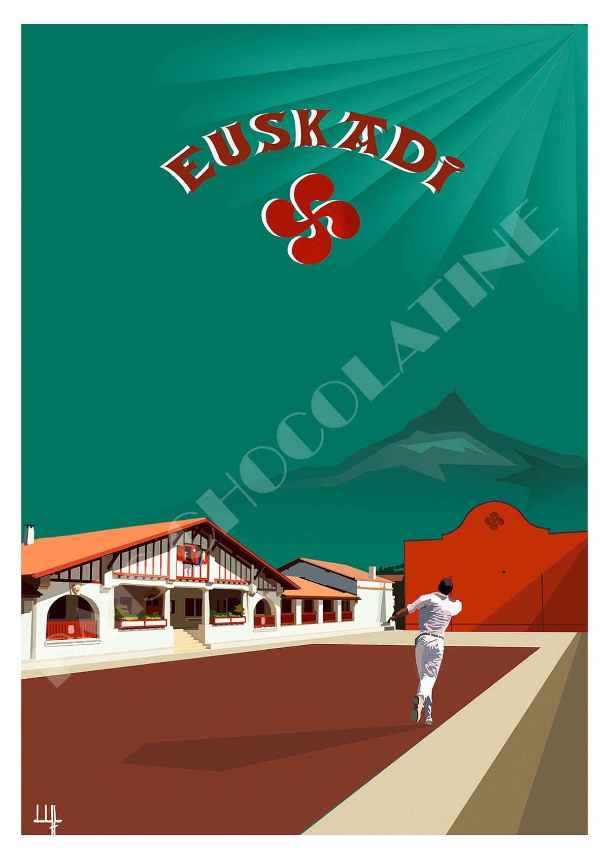 Affiche Euskadi vintage Culture Basque – pelote basque, fronton et montagne de la Rhune, création Pais Chocolatine