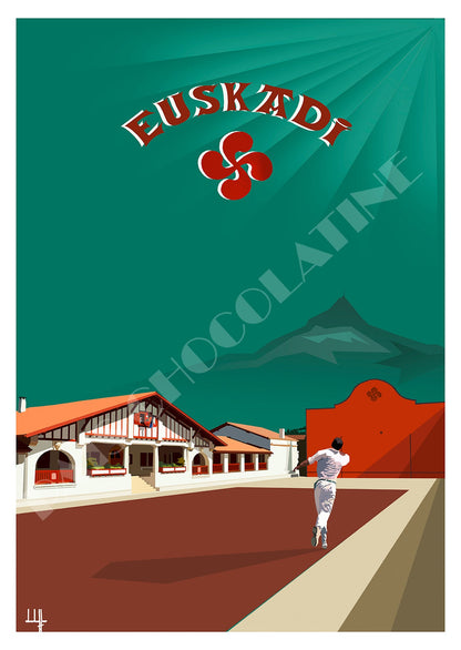 Affiche Euskadi vintage Culture Basque – pelote basque, fronton et montagne de la Rhune, création Pais Chocolatine