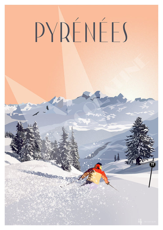 Affiche Pyrénées Ski vintage – poster rétro de sports d’hiver et montagne – Pais Chocolatine